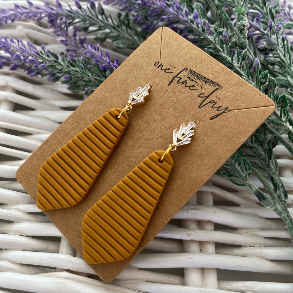 Mustard Yellow Striped Dangle Earrings with Zircon Studs